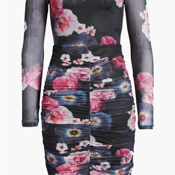 Floral Ruched Mesh Long Sleeve Midi Dress - Picture 5 of 9